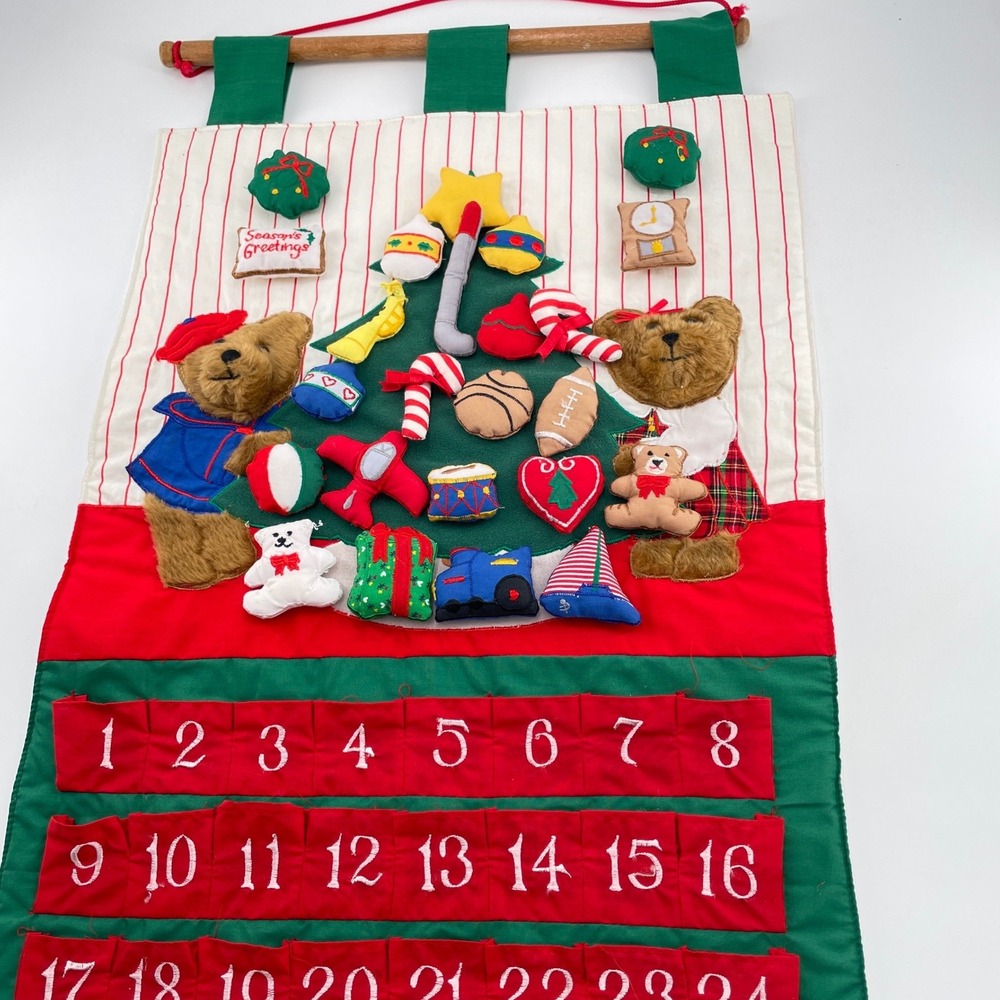 Handcrafted Fabric Christmas Countdown Advent Calendar Teddy Bear Wall Hanging